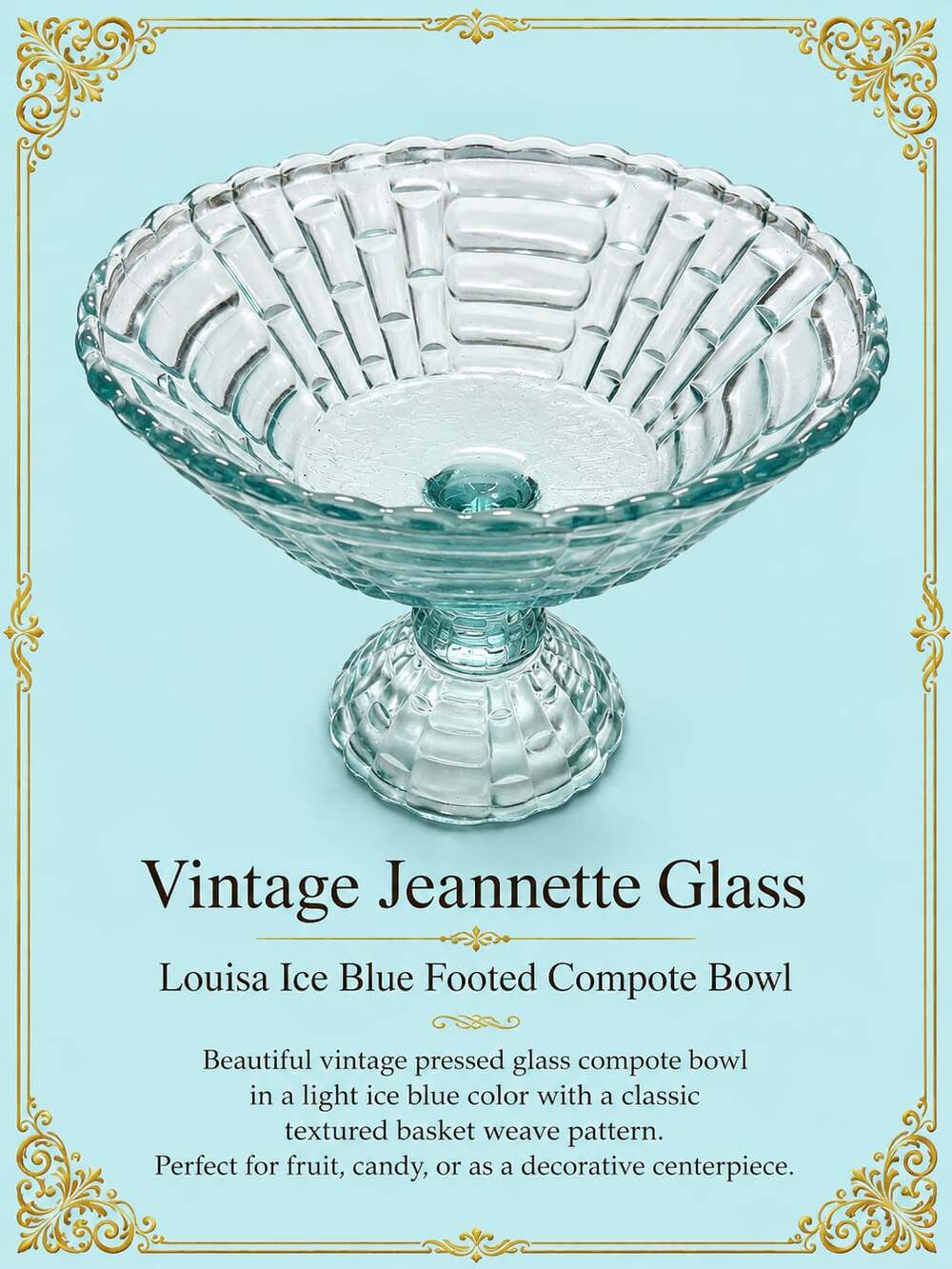 Vintage Jeannette Glass Louisa Ice Blue Footed Compote Bowl